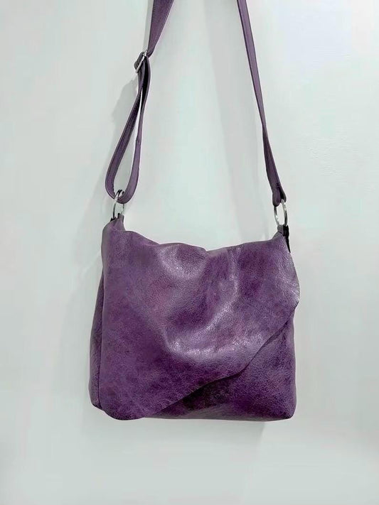 Vintaged Purple Leather adjustable crossbody bag with flap