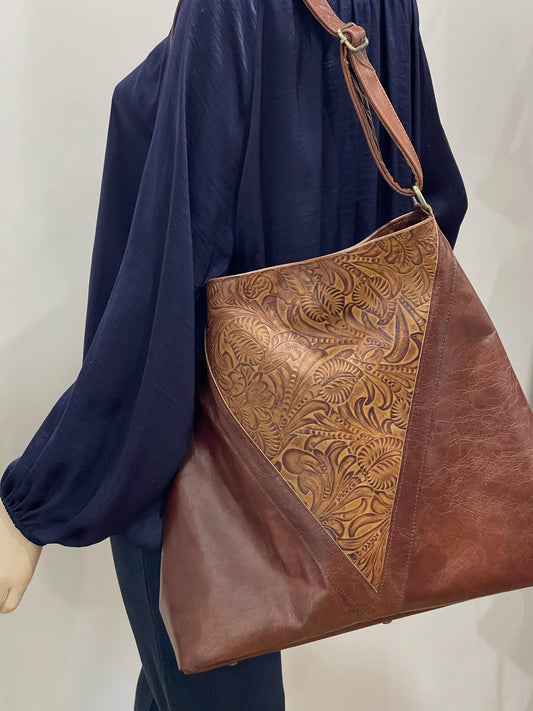 Brown tooled leather Hobo bag, Premium Leather, flower and leaf design IN STOCK