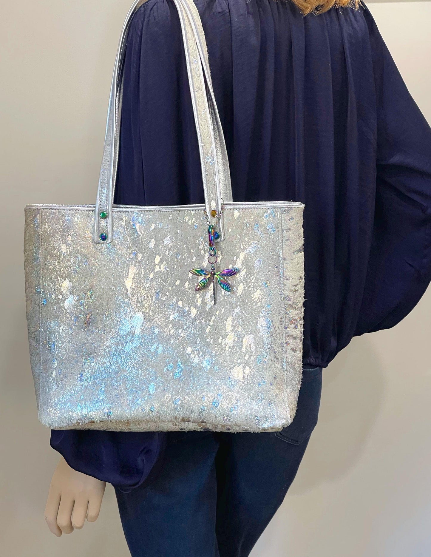 White Holographic Acid Wash Cowhide, Iridescent soft crossbody bag