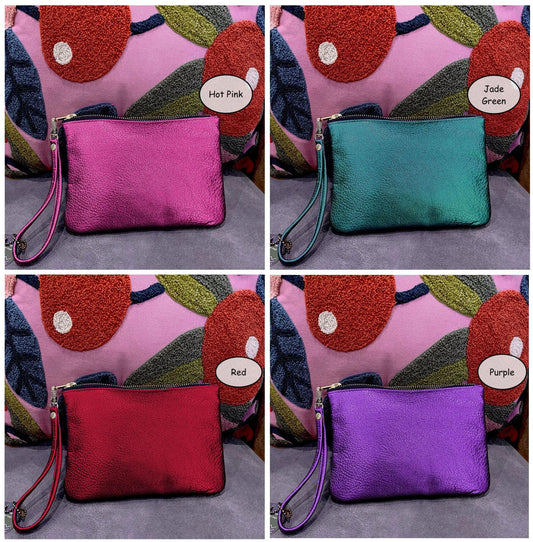 Metallic leather Wristlet, softest leather zipper purse