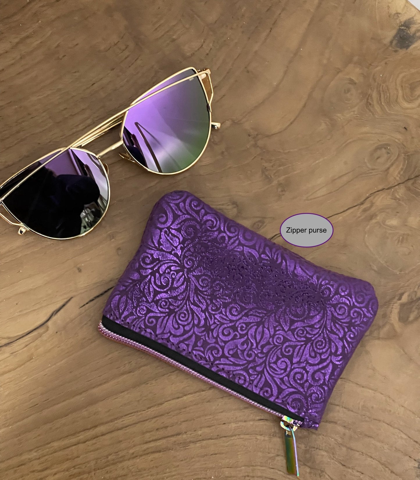 Metallic Purple Leather Wallet Purse with zipper pocket