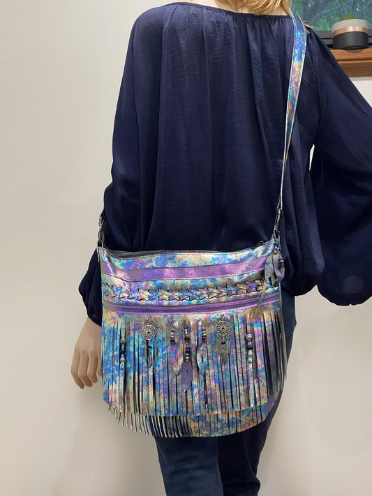 Oil slick Metallic Leather Fringe hobo bag