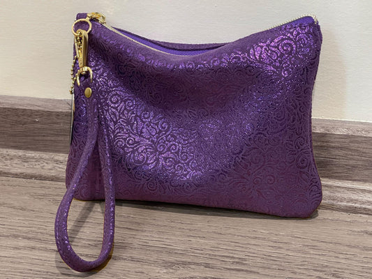 Purple Metallic leather wristlet with purple metallic print