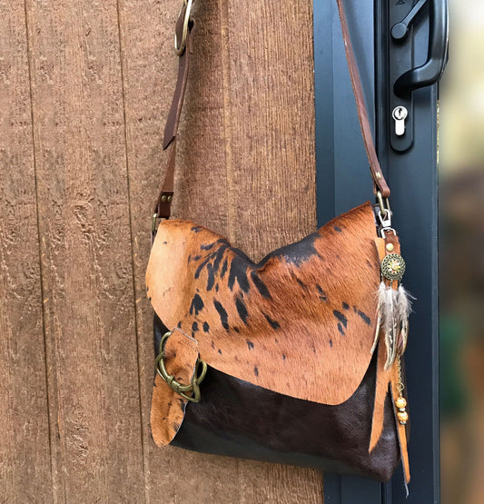 Cowhide Celtic Leather Crossbody, wide strap, vintage brown leather, OOAK IN STOCK