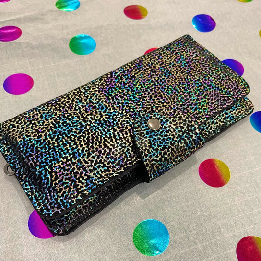Rainbow coral on black patterned wallet closed