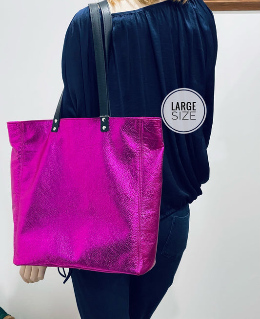 Fuchsia Pink Metallic Leather Tote, free leather purse