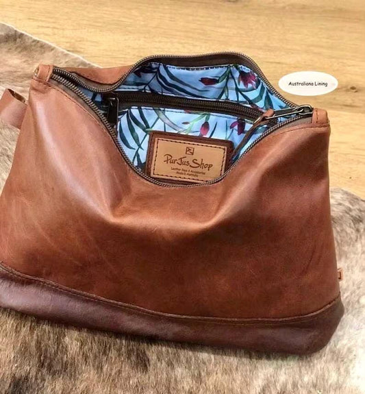 Caramel Leather Toiletry bag, dopp kit, waterproof Lining
