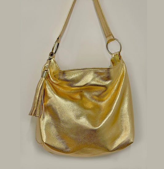 Metallic gold crossbody bag, true gold, premium soft metallic leather