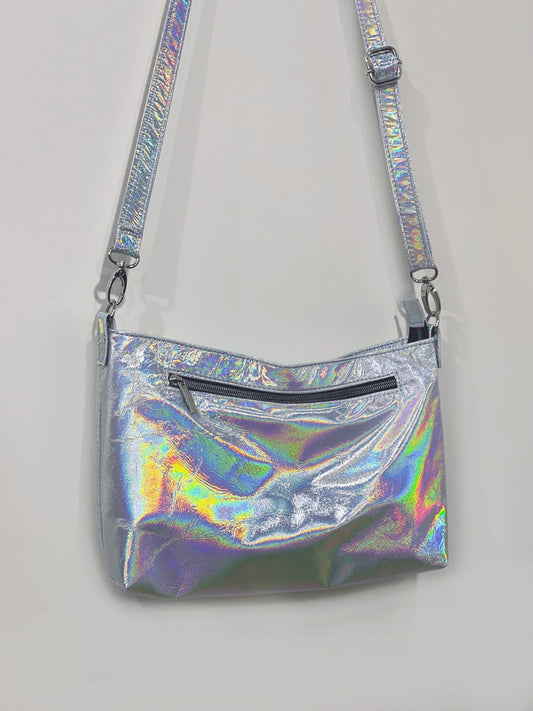 Smaller Holographic Silver crossbody bag, Italian holo leather