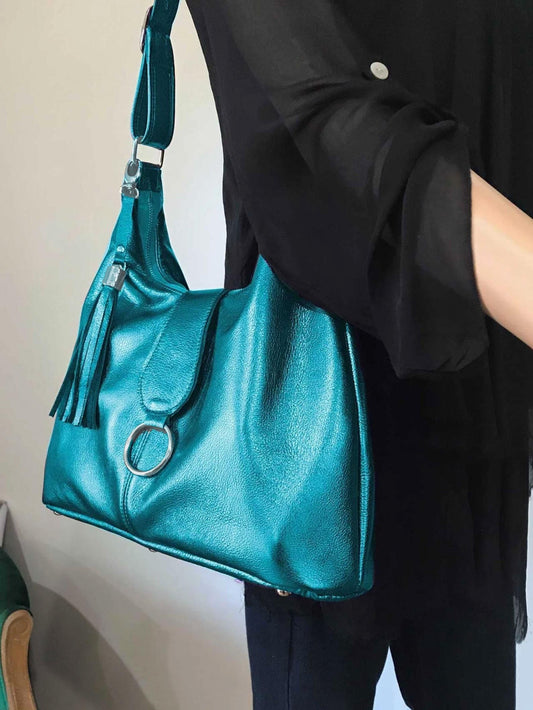 Womens metallic turquoise Italian Hobo