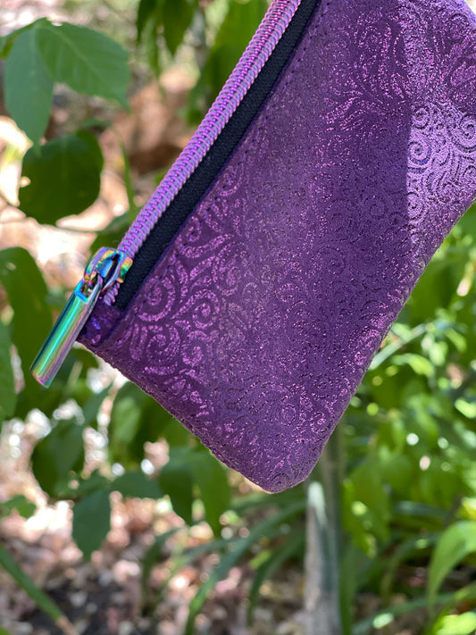Purple Metallic Leather Zipper Purse, Baroque Iridescent Pouch