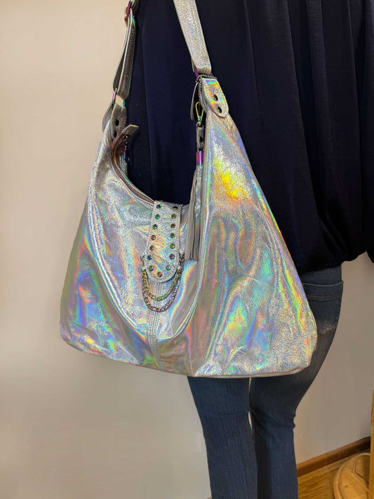 Holographic Leather Hobo, iridescent silver Italian premium leather IN STOCK
