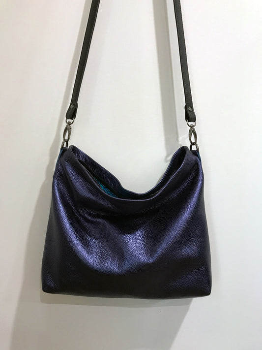 Navy Metallic blue leather Shoulder bag, or Crossbody with zipper pocket and key clasp