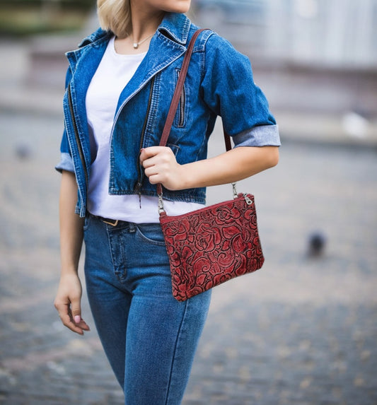 Deep red tooled floral leather wristlet or crossbody, floral embossed