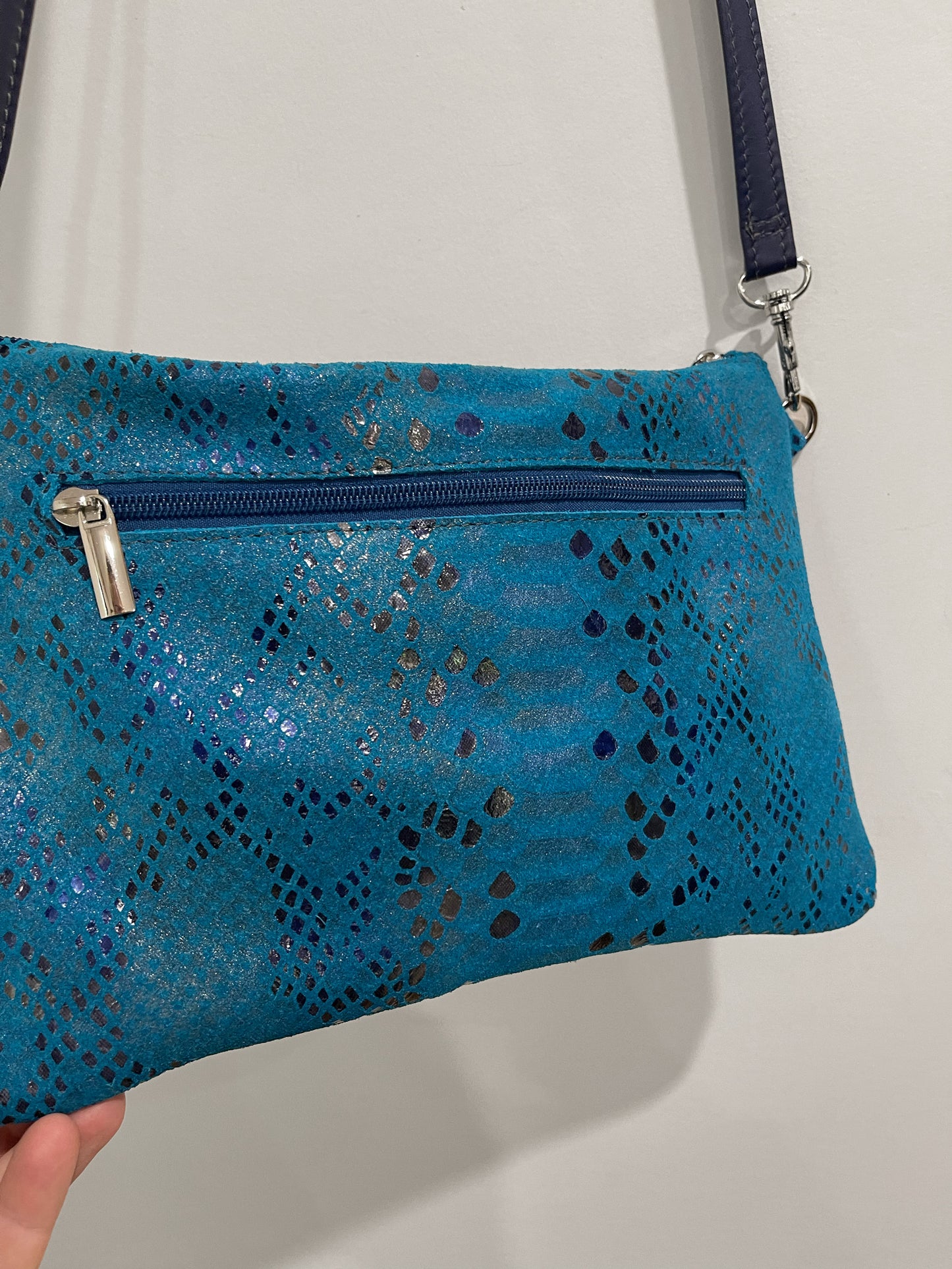 Small Teal Metallic Snake on Suede crossbody bag and Wristlet. IN STOCK