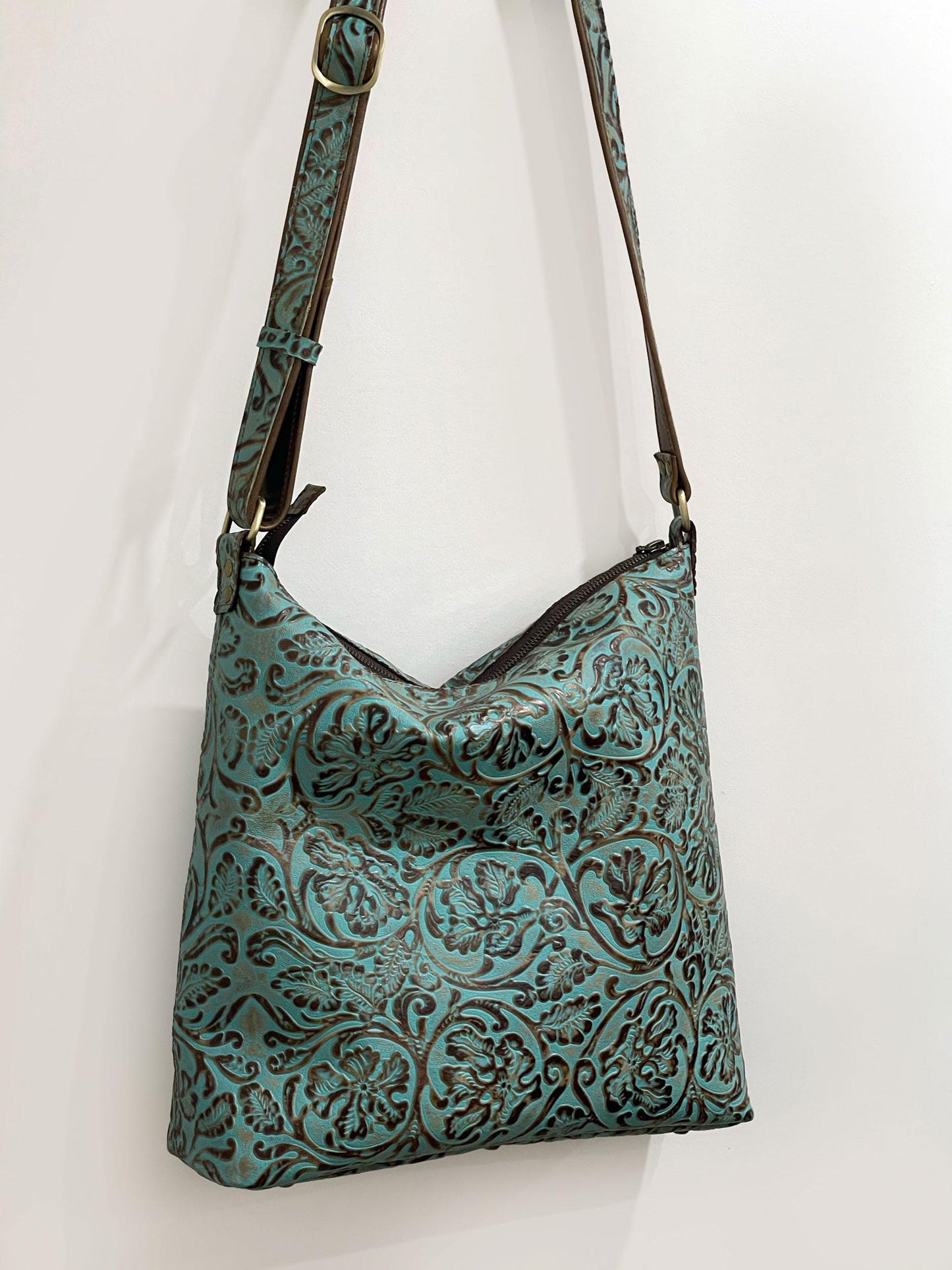 Tooled Turquoise Leather Crossbody Bag, Embossed