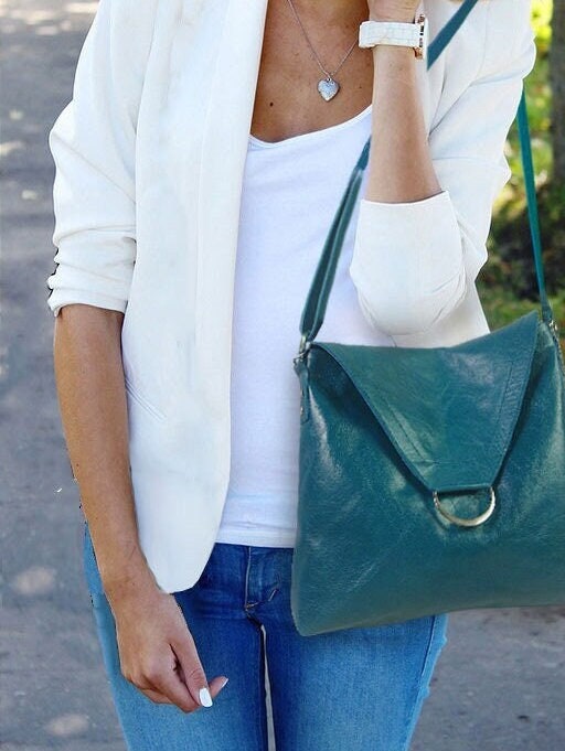 Teal leather shoulder or crossbody bag with front flap