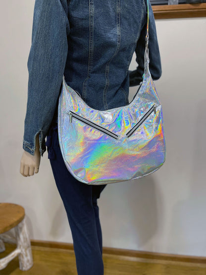 Holographic Leather Hobo with hidden pocket, fringe option Italian holographic leather
