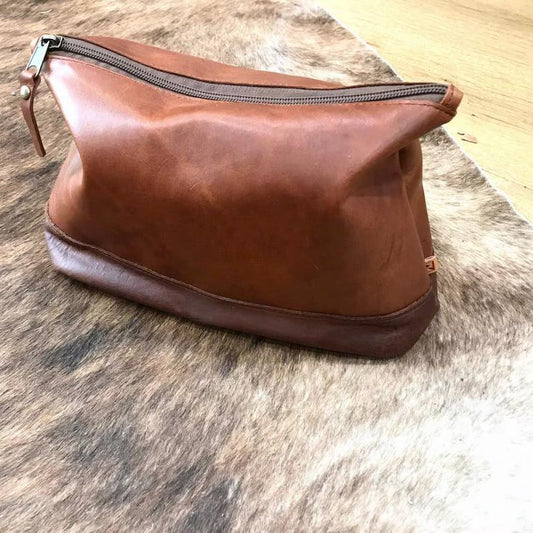 Caramel Leather Toiletry bag, dopp kit, waterproof Lining