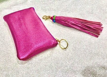 Pink Metallic Gift Set or leather purse, tassel, leather gift idea