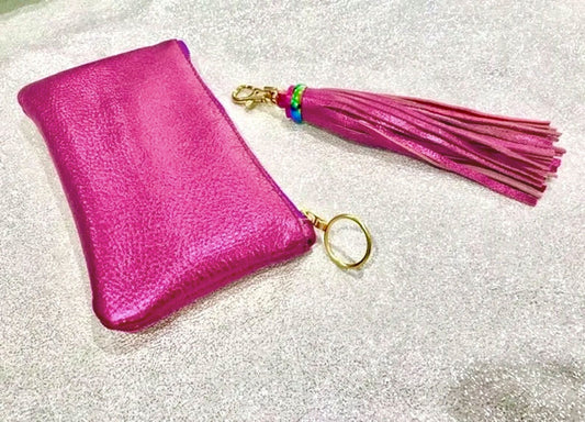Pink Metallic Gift Set or leather purse, tassel, leather gift idea