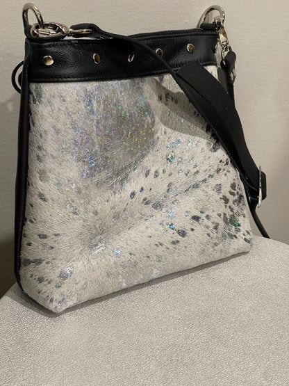 Acid wash Iridescent holographic cowhide and black leather bag