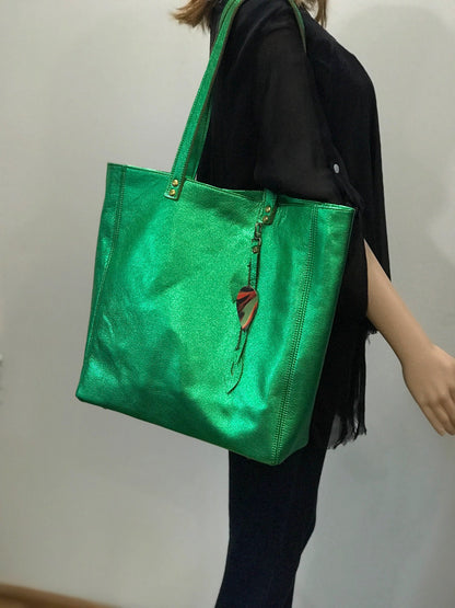Emerald Green Metallic Leather Tote, free leather purse