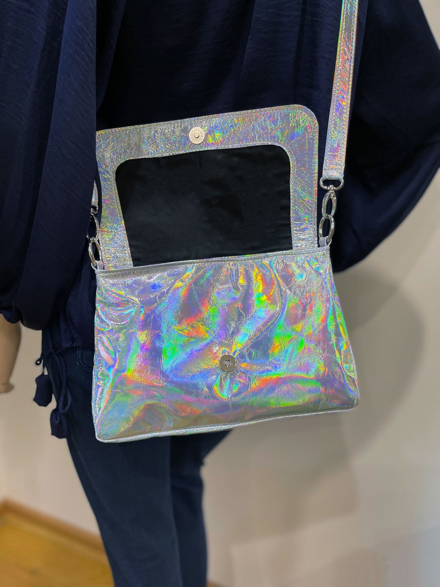 Holographic Silver flap over Messenger bag, premium Italian holo leather, Iridescent