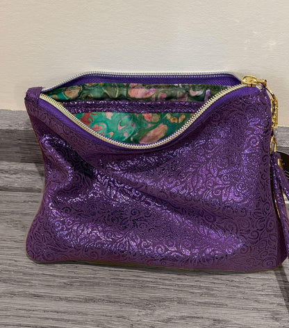 Purple Metallic leather wristlet with purple metallic print