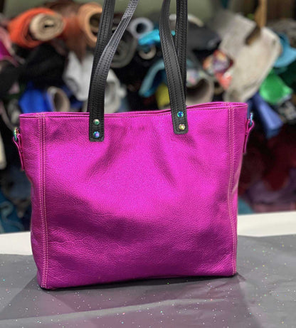 Fuchsia Pink Metallic Leather Tote, free leather purse