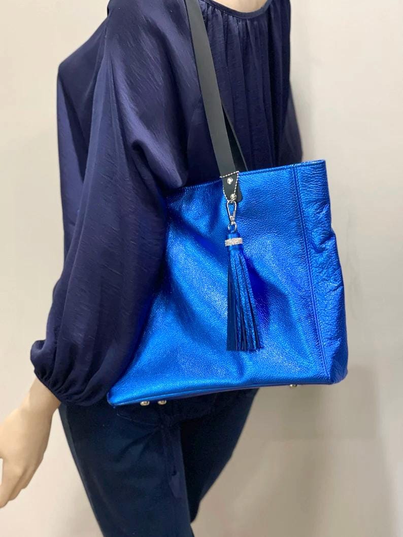 Metallic Cobalt Leather Tote, Soft relaxed luxury metallic leather, free leather purse, electric blue