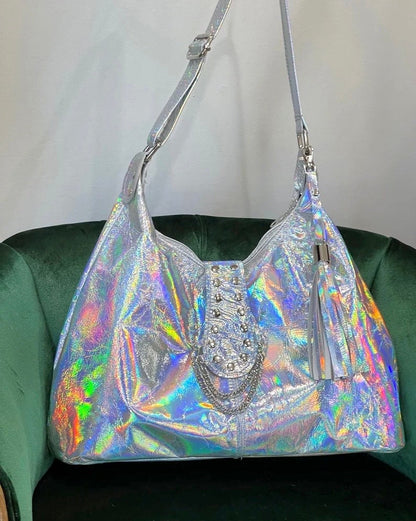 Holographic Leather Hobo, iridescent silver Italian premium leather
