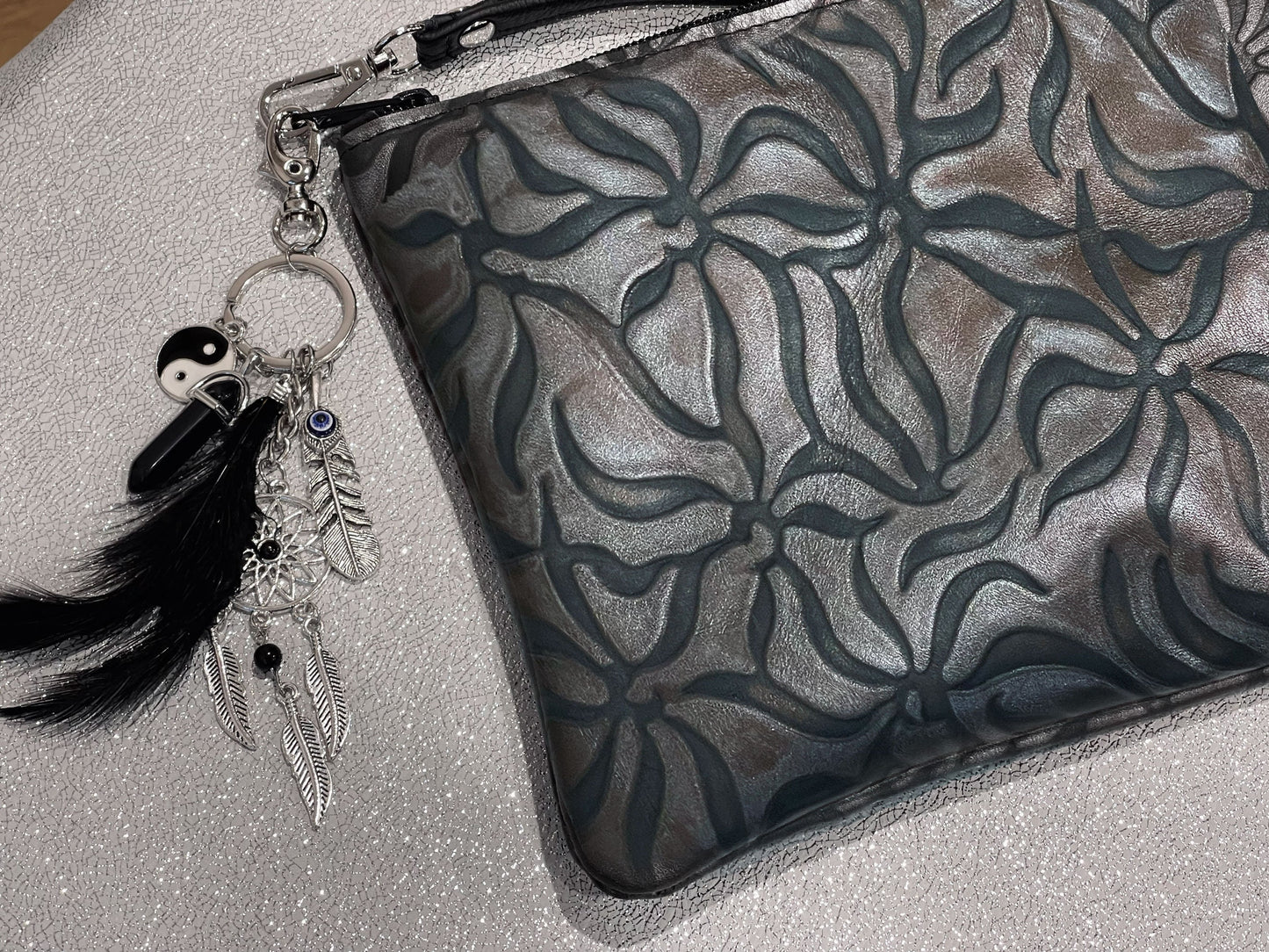 Black and multi metal embossed Wristlet, clutch, soft leather purse IN STOCK