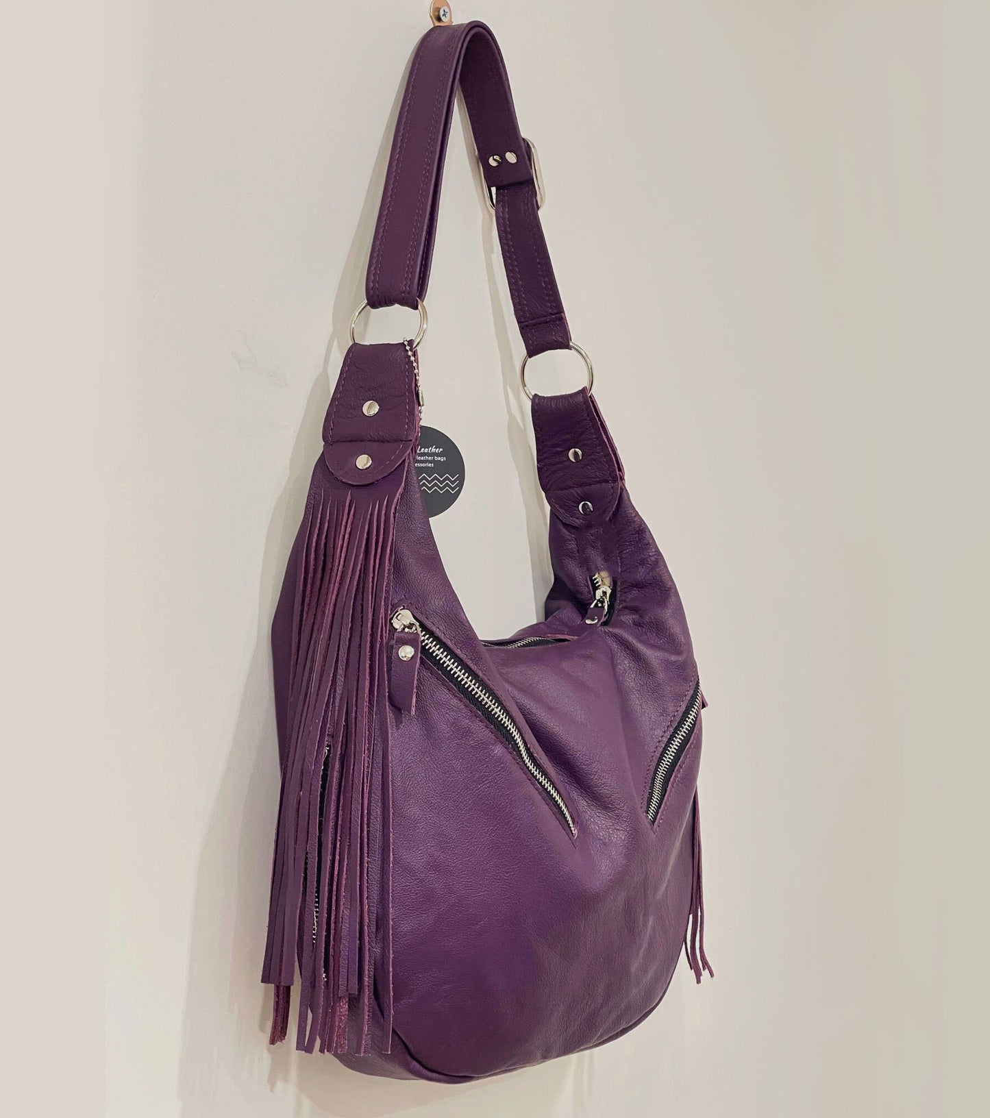 Purple leather Hobo, premium soft double layer leather fringe