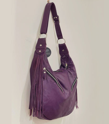 Purple leather Hobo, premium soft double layer leather fringe