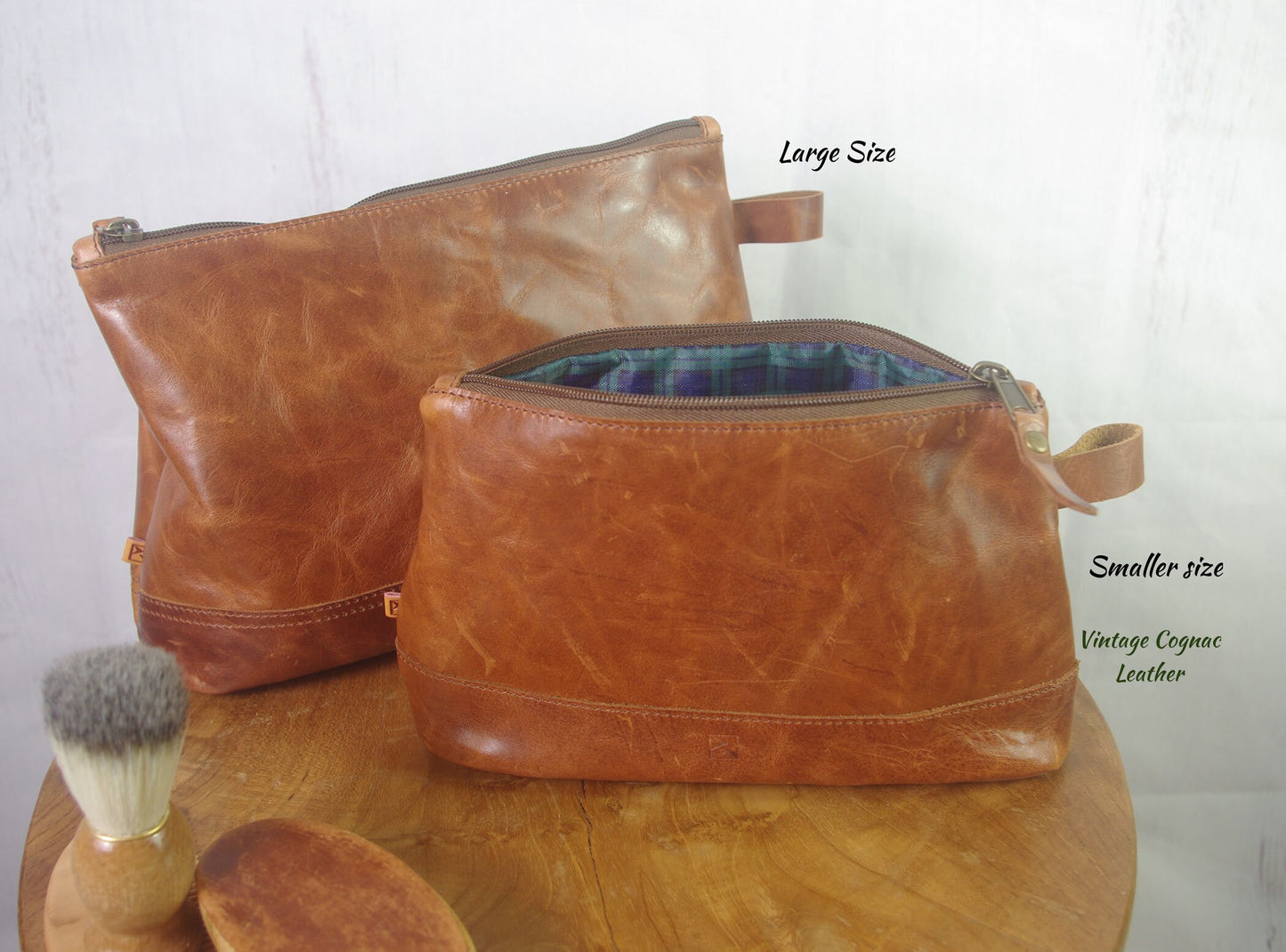 Vintage Black Leather toiletry bag, cognac contrast, Leather Dopp Kit