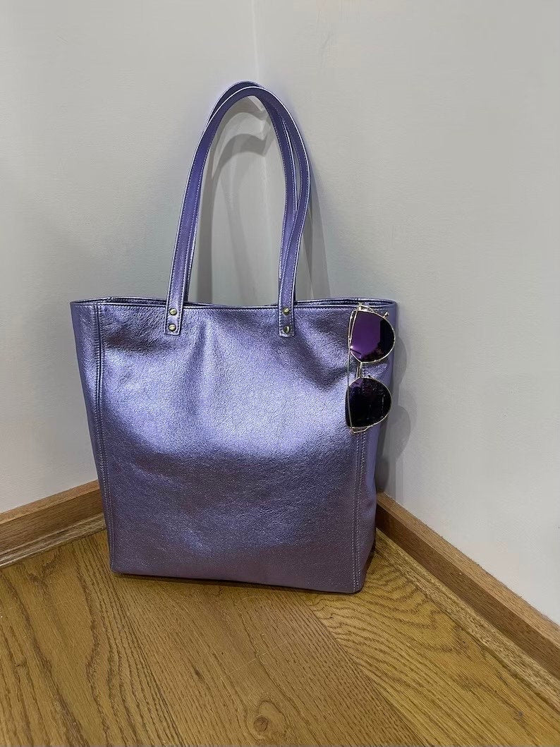 Large Lavender Lilac Metallic Leather Tote