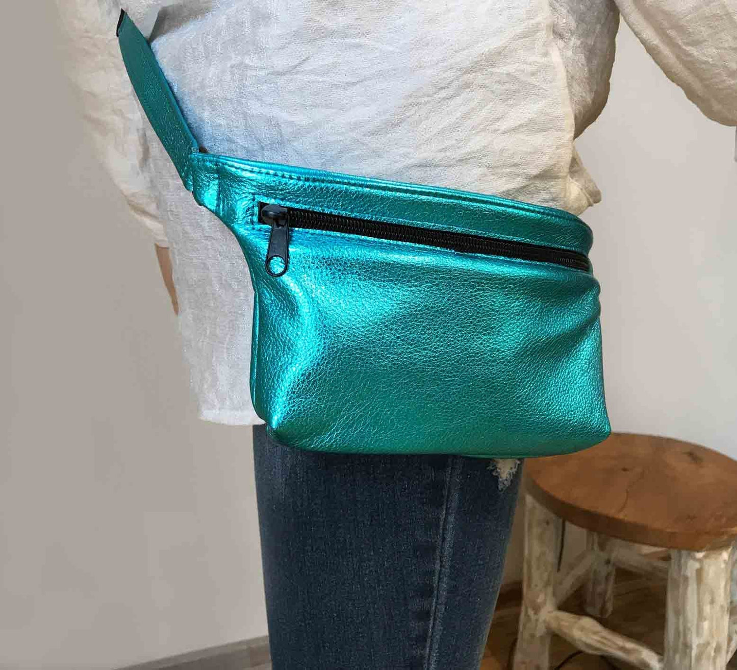 Metallic turquoise Leather waist bag, Soft pebble leather
