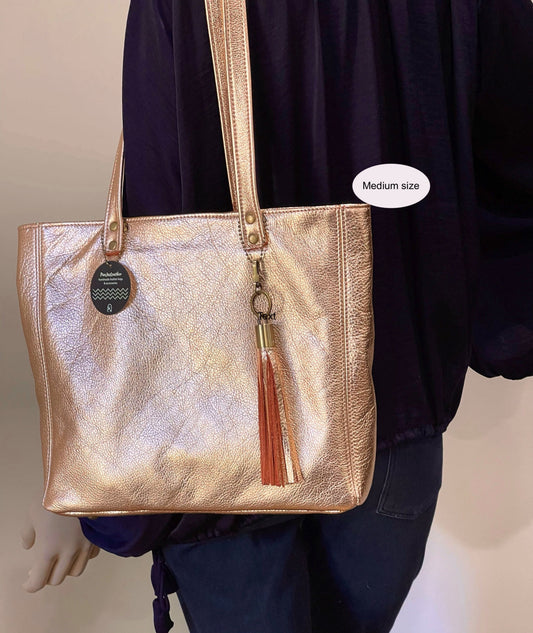 Metallic Peach Rose Gold Leather Tote, free zip purse
