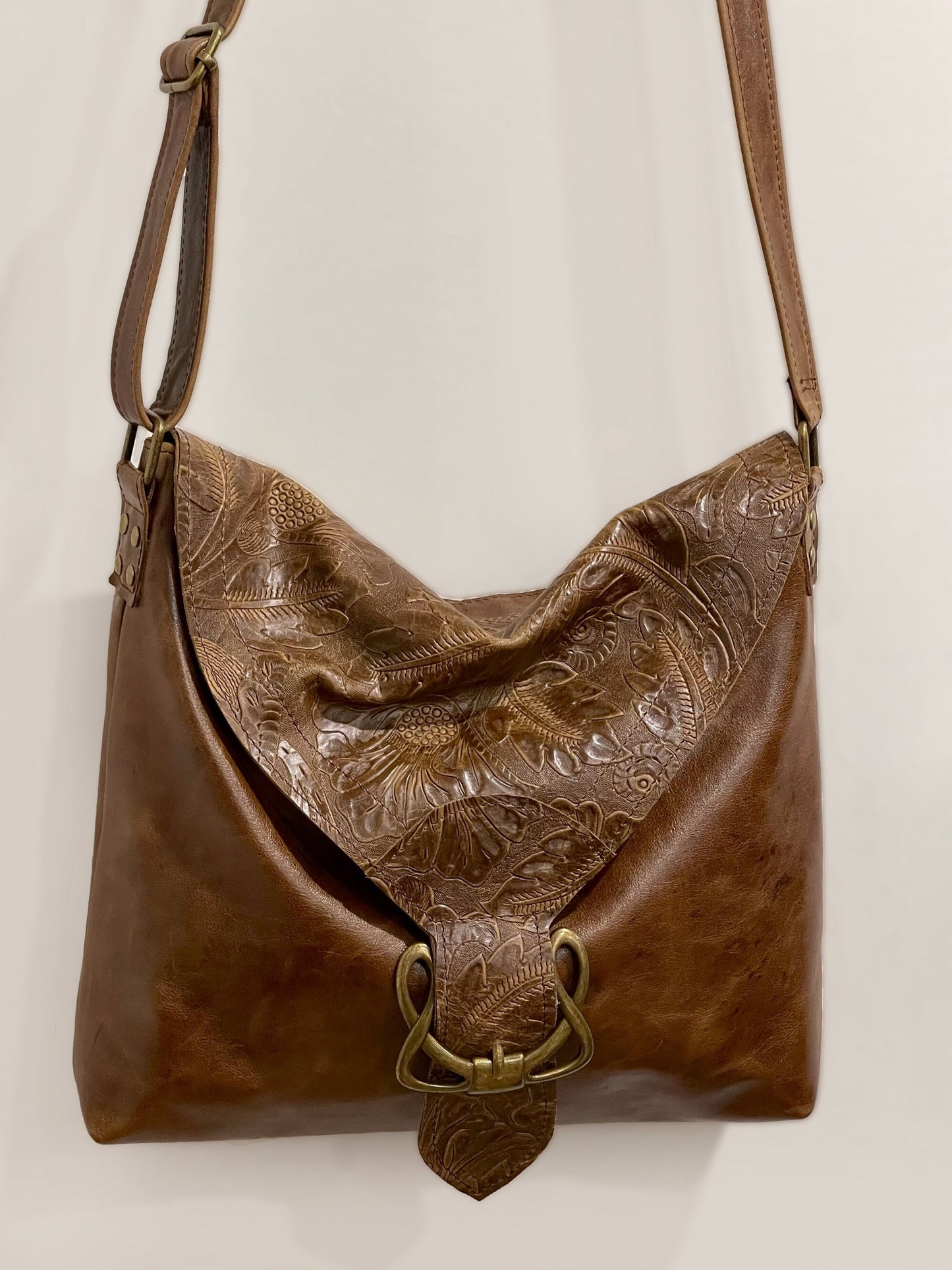 Tooled Brown Celtic Buckle leather crossbody with flap