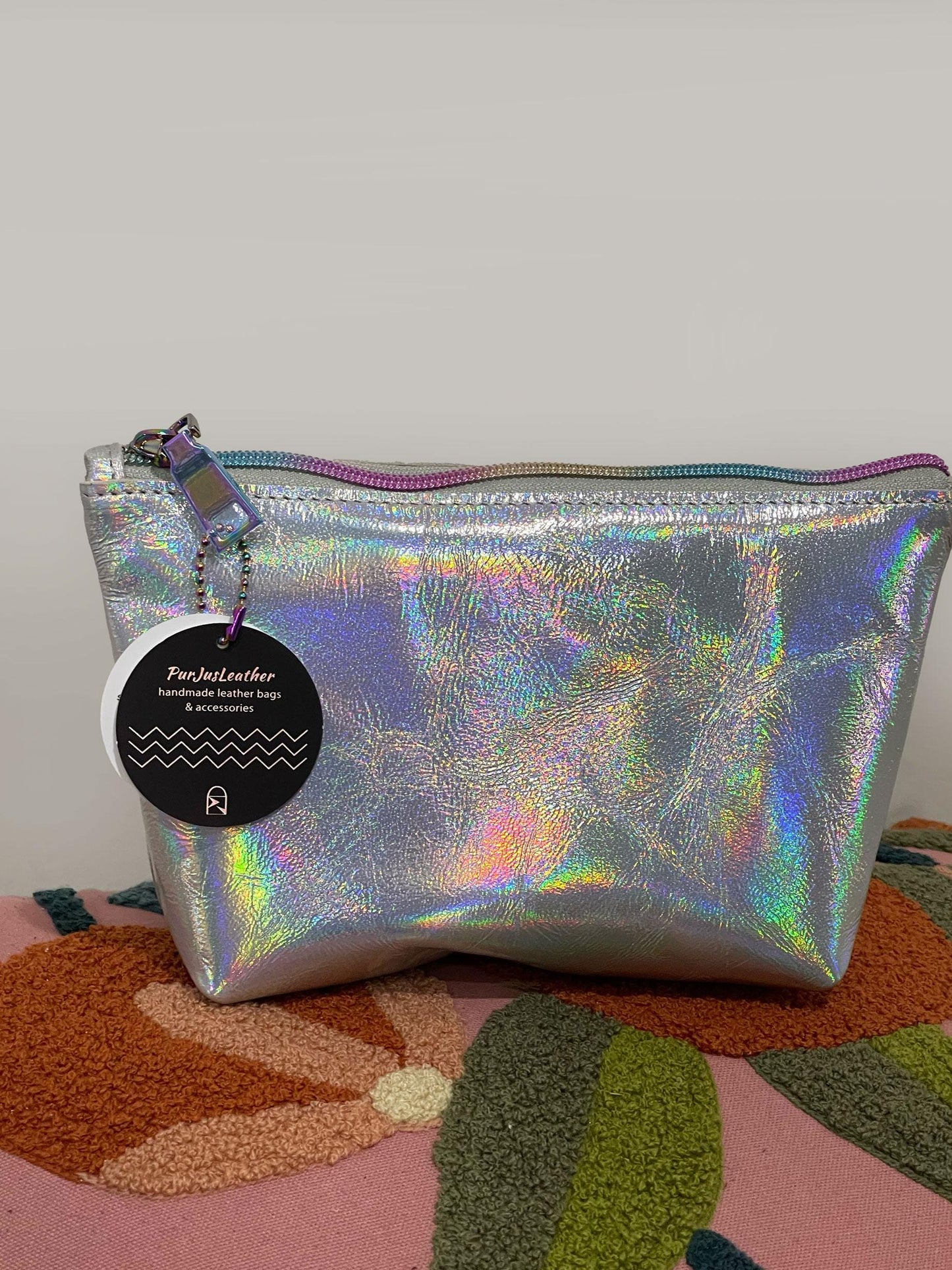 Holographic iridescent silver Leather makeup purse, lined cosmetic purse