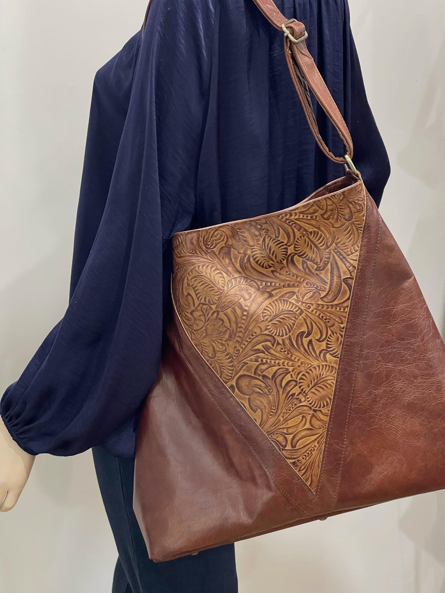 Brown tooled leather Tote bag, Premium Leather, flower and leaf design