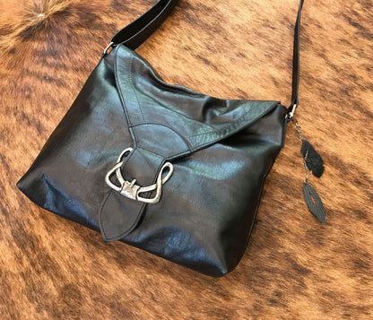 Black Celtic leather Crossbody bag with rivets