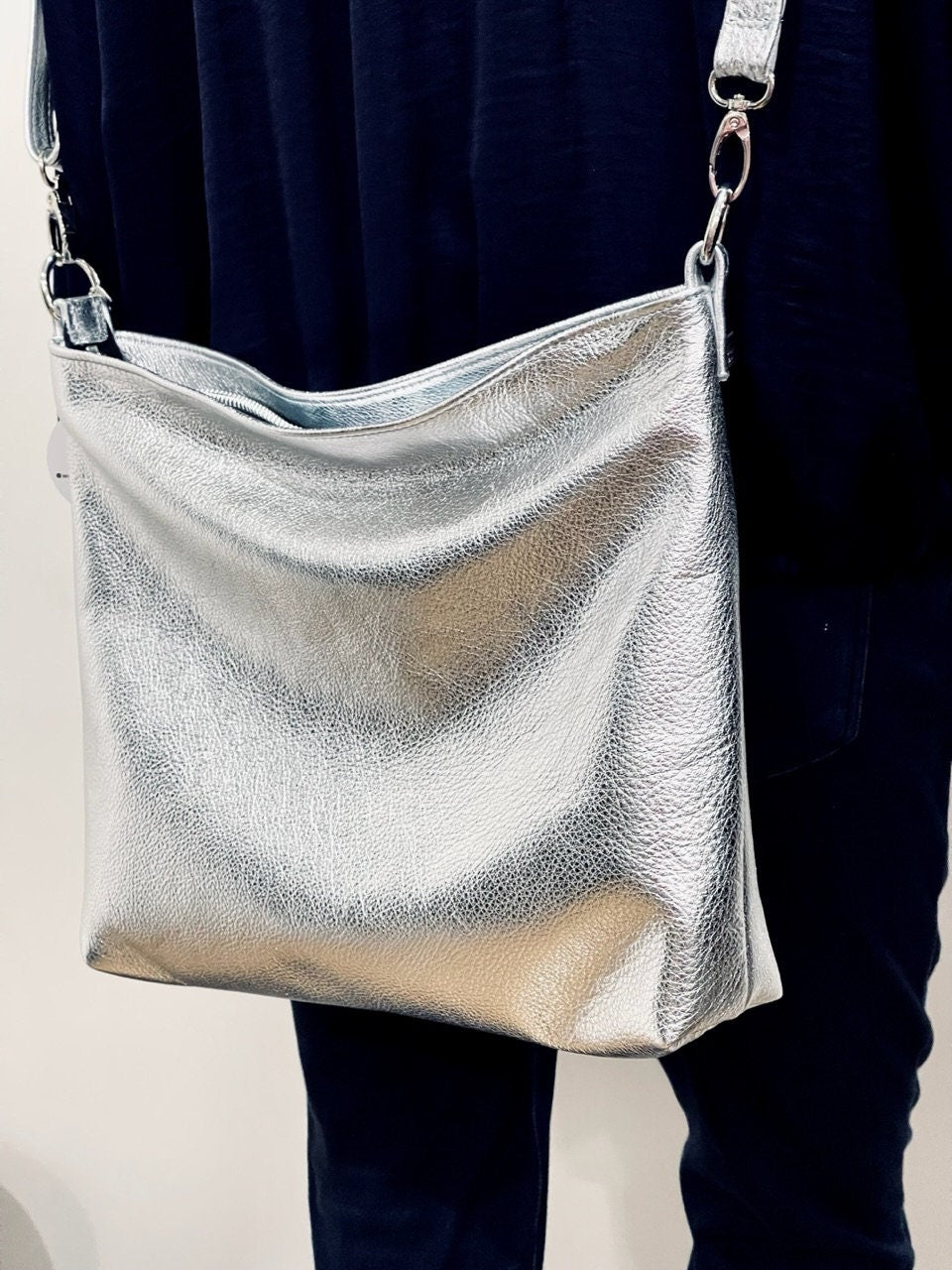 Metallic Silver crossbody bag, Soft premium