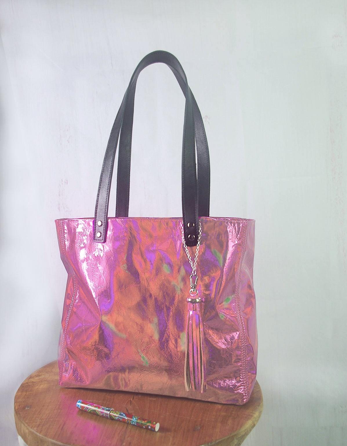 Soft pink holographic Leather Tote, Free leather purse