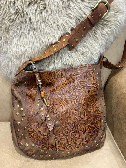 Studded Tooled brown Leather Hobo crossbody or shoulder Bag, 1 IN STOCK