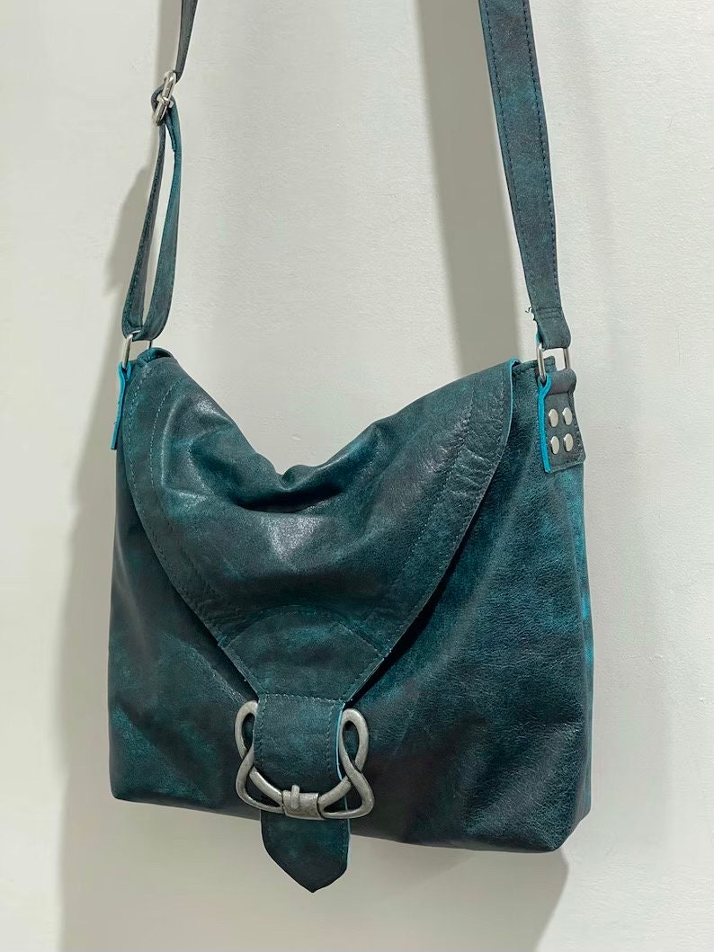 Vintage Teal Distressed leather bag, Celtic Crossbody