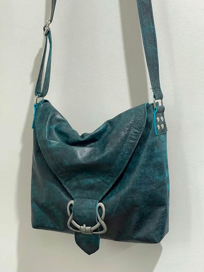 Vintage Teal Distressed leather bag, Celtic Crossbody