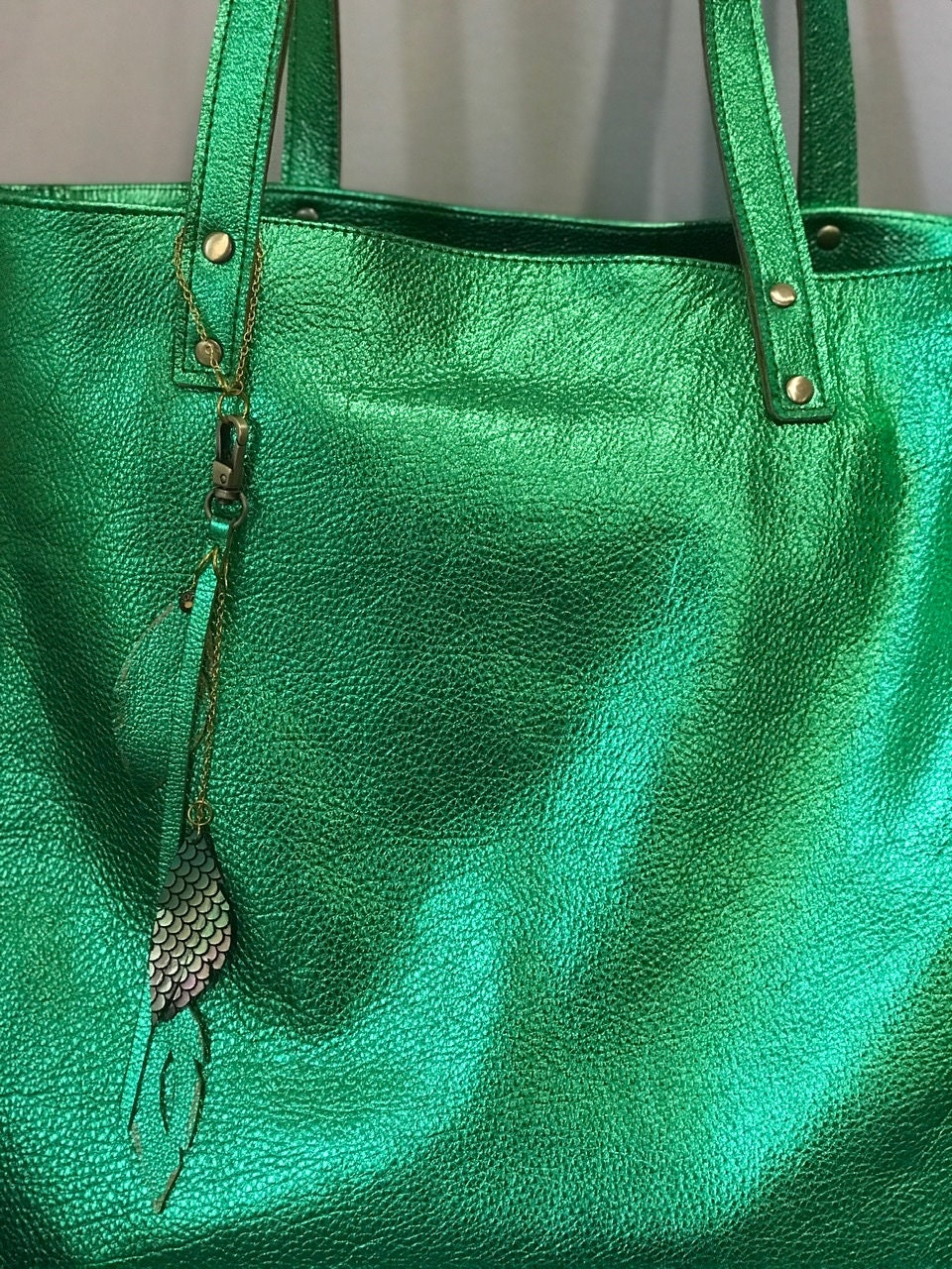 Emerald Green Metallic Leather Tote, free leather purse