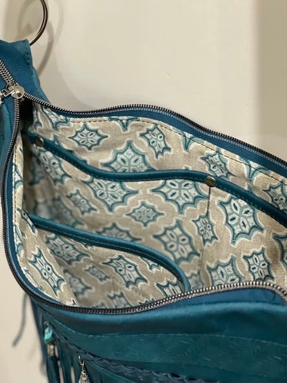 Teal Double Fringe Leather Bag, braided leather